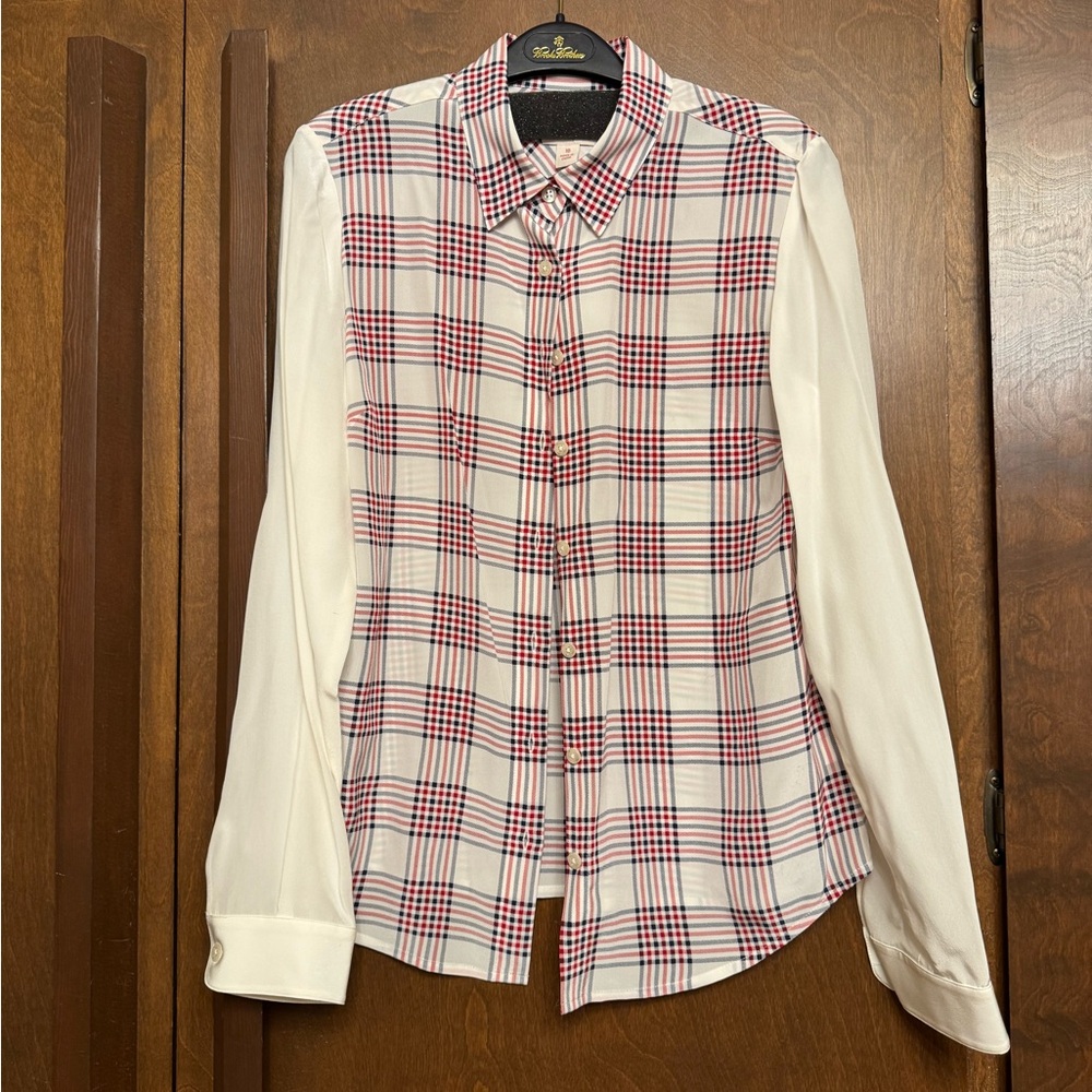Brooks Brothers White Red Navy Plaid Silk Shirt Nwt 10 $198